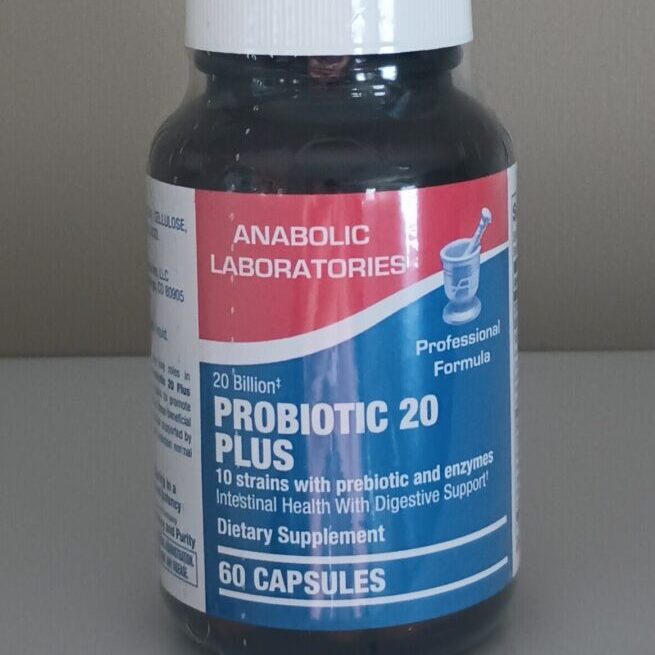A bottle of probiotic supplement on the counter.